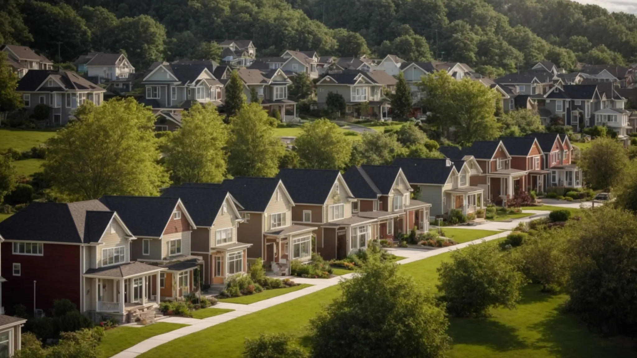 a sunlit row of single detached homes and townhomes nestled in a verdant valley.