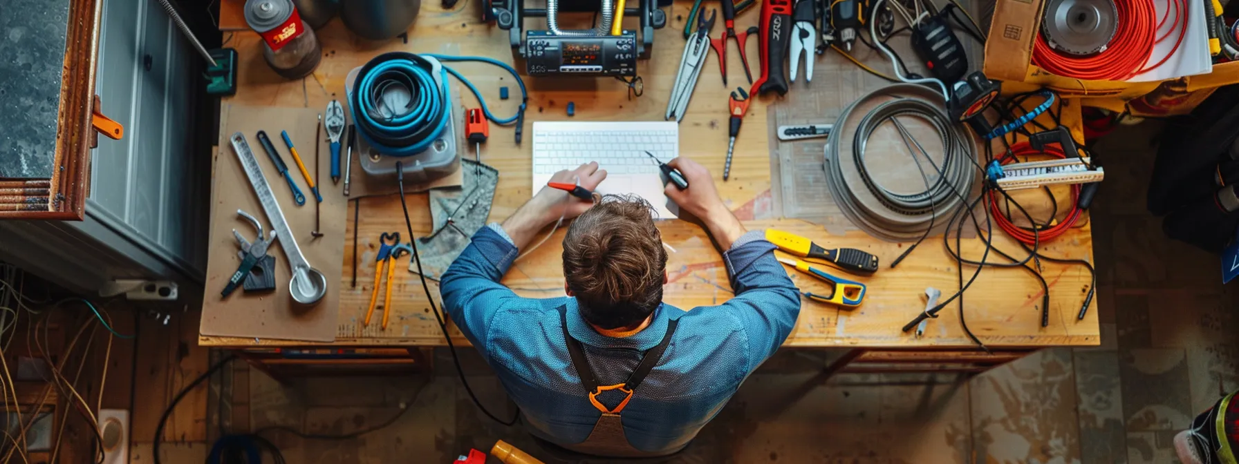 Budget-Friendly Poly B Repiping: Cost-Saving Strategies & Options 2 a plumber examining a polybutylene pipe replacement project with various materials and tools laid out on a workbench.