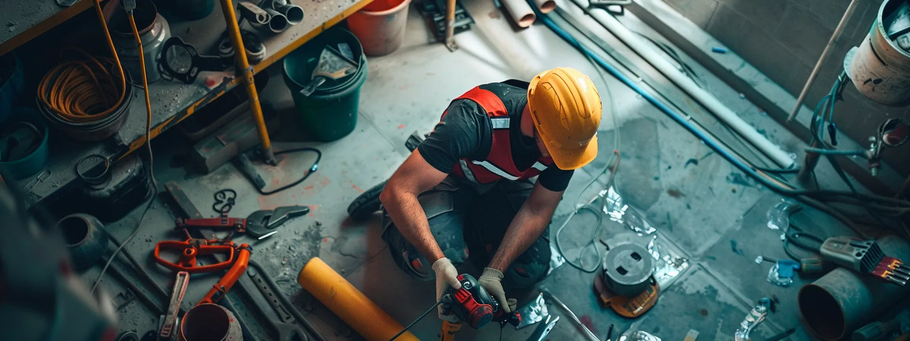 a plumber examining a poly b pipe with various tools and materials nearby.