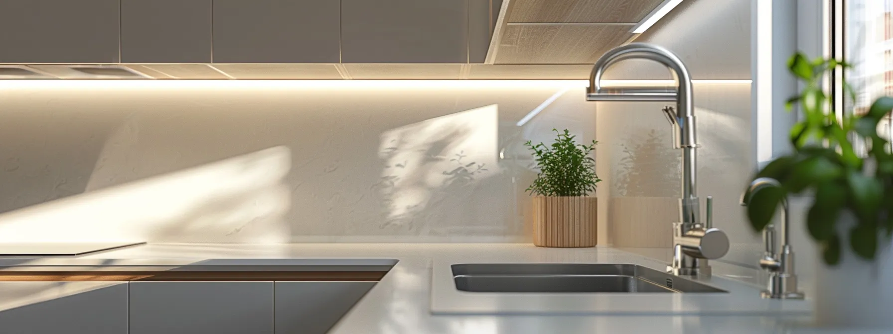 a clear, modern kitchen with sleek pex pipes running along the walls and under the sink, showcasing the cost-effective and efficient upgrade from poly b.