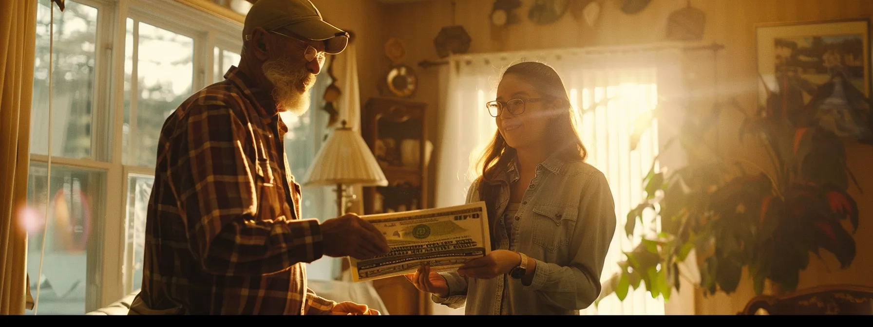 a homeowner receiving a large, symbolic check from a government representative to cover the costs of polybutylene pipe replacement.