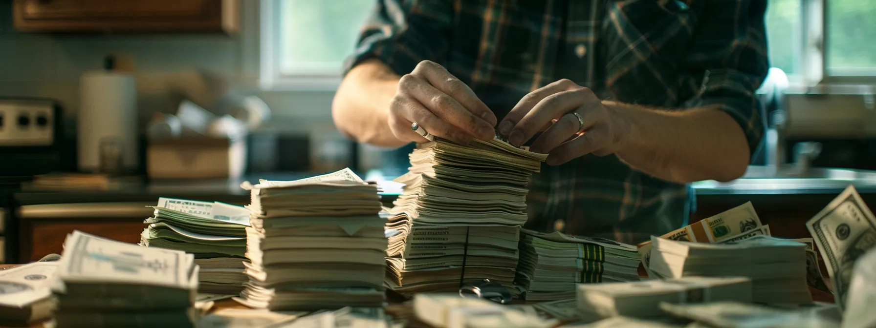 a homeowner carefully counting and organizing stacks of money, representing the use of personal savings for replacing polybutylene pipes.