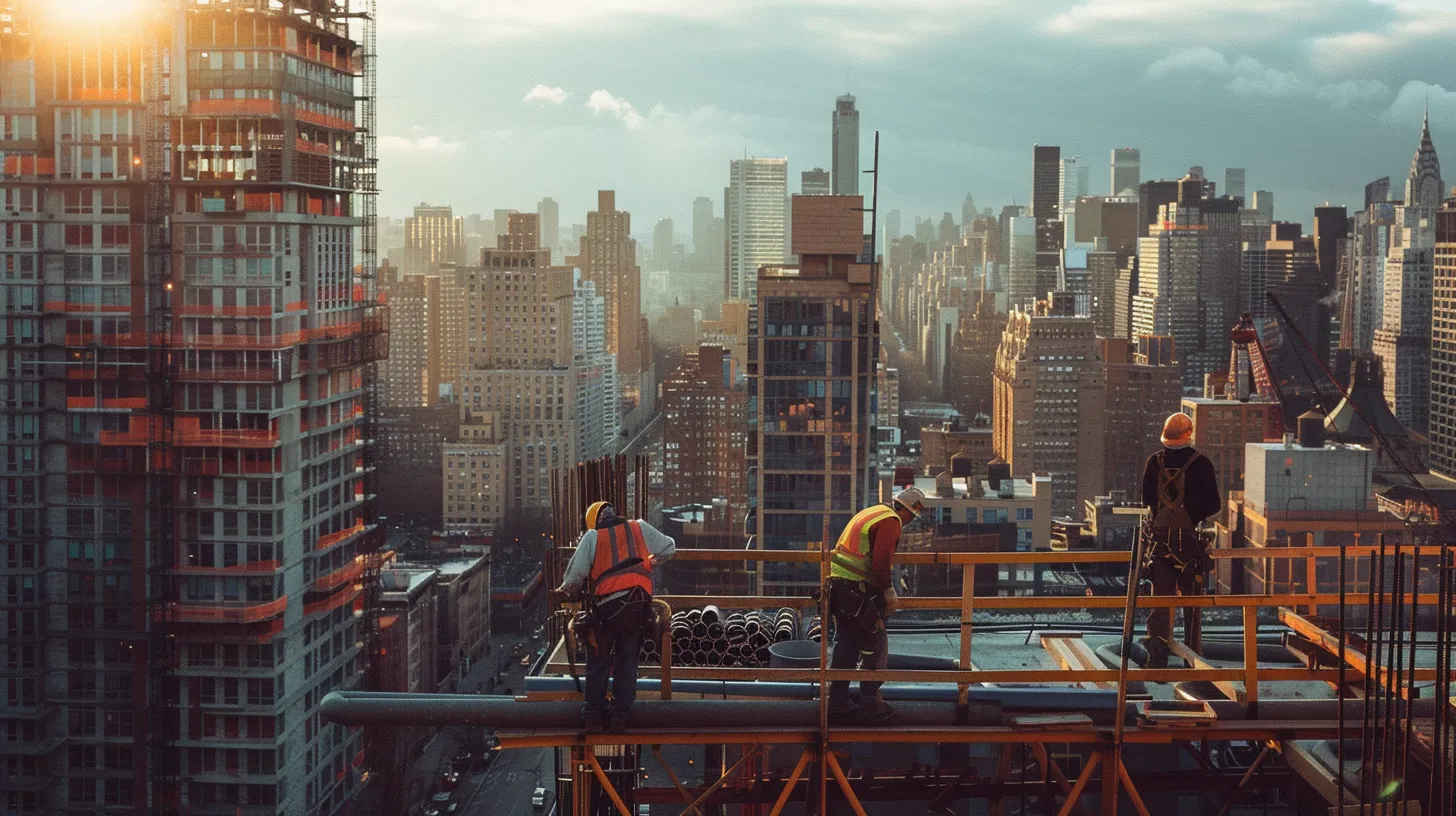 a bustling city skyline with construction workers replacing poly b pipes on a high-rise building, showcasing innovative urban pipe replacement efforts.