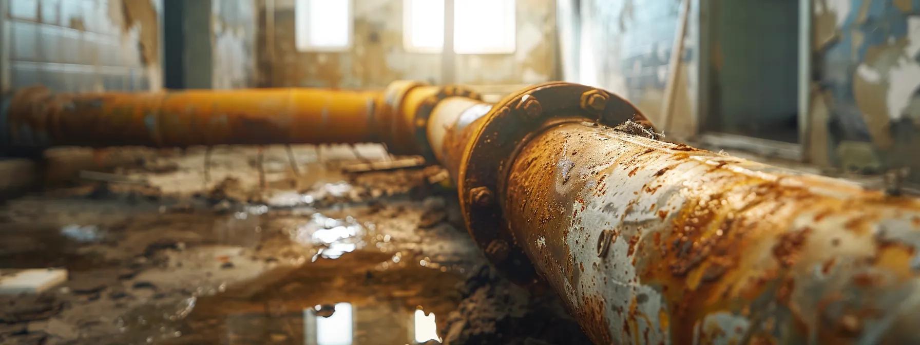 a rusty, leaking poly b pipe being replaced by a shiny, new piping system in a modern home.