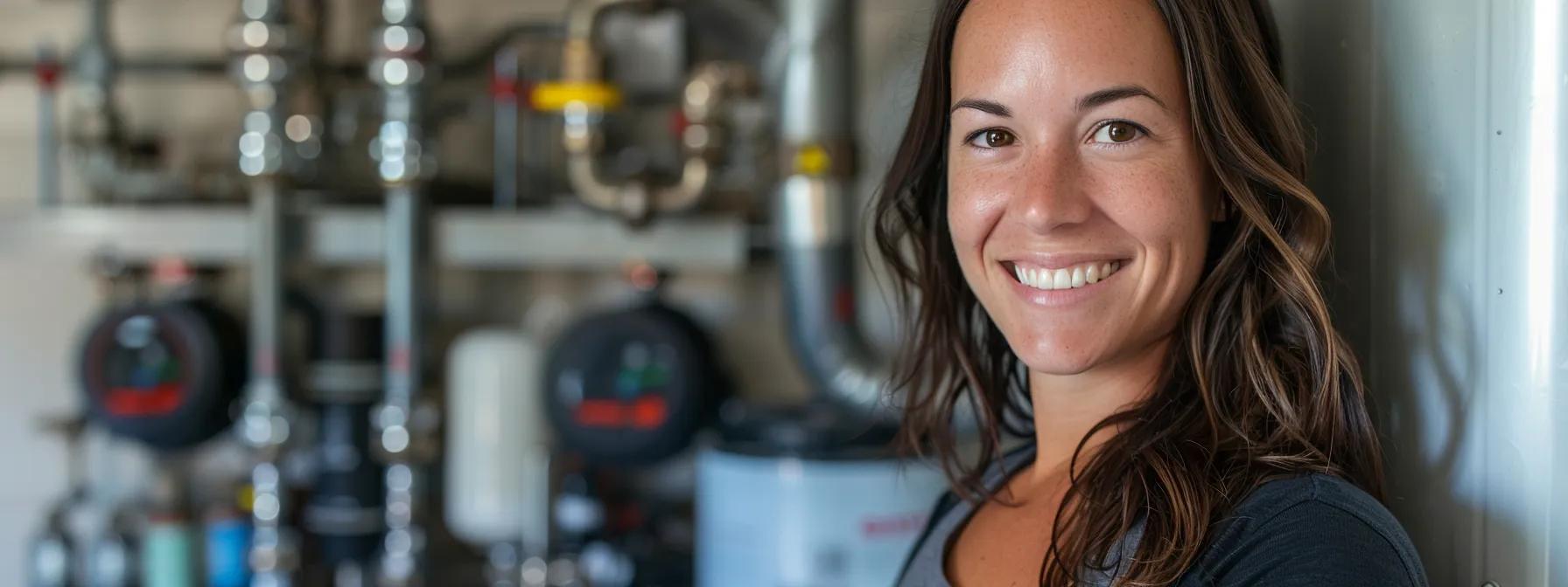 Water Safety Through Effective Pipe Replacement: A Homeowner Guide 6 a homeowner smiling confidently next to newly replaced polybutylene pipes, showcasing improved water safety and quality.