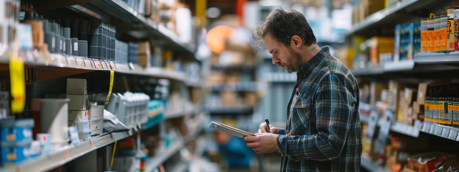 Water Safety Through Effective Pipe Replacement: A Homeowner Guide 4 a homeowner carefully comparing prices of different pipe materials in a hardware store, surrounded by various options and price tags.