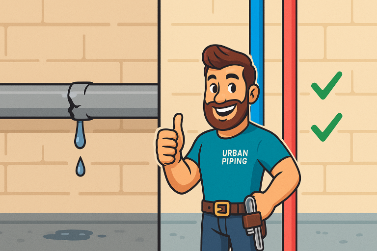 Cartoon plumber wearing Urban Piping shirt giving a thumbs up, showing leaking old pipe alongside modern blue and red plumbing pipes with check marks