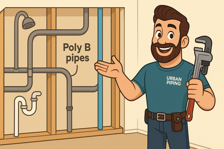 Illustration of a friendly plumber in an Urban Piping shirt holding a wrench and pointing to exposed Poly B pipes inside a wall, representing pipe maintenance in a home setting