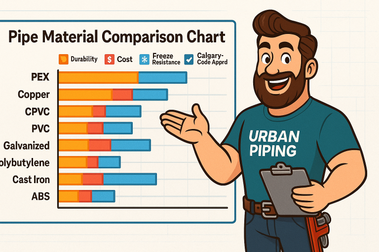 Pipe material comparison chart visually comparing durability cost freeze resistance and code approval for PEX copper CPVC PVC galvanized polybutylene cast iron and ABS pipes used in Calgary Edmonton and Vancouver with a friendly cartoon plumber from Urban Piping pointing at the chart