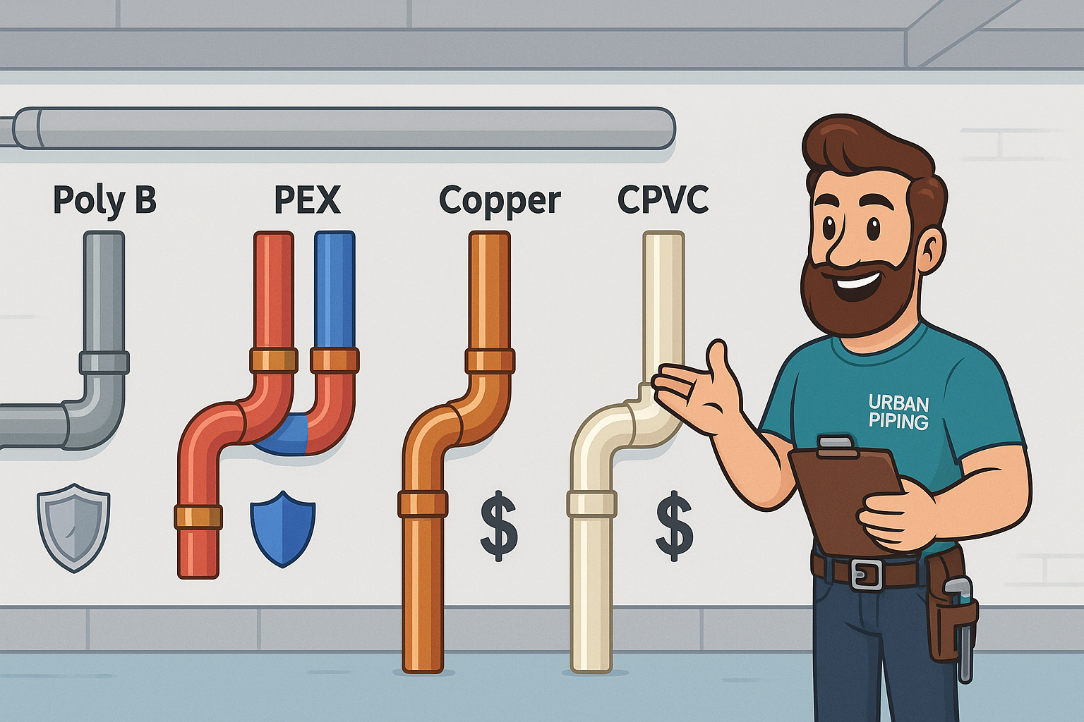 Illustration of a professional plumber presenting and comparing Poly B, PEX, Copper, and CPVC pipe types with icons indicating protection and cost, branded Urban Piping.