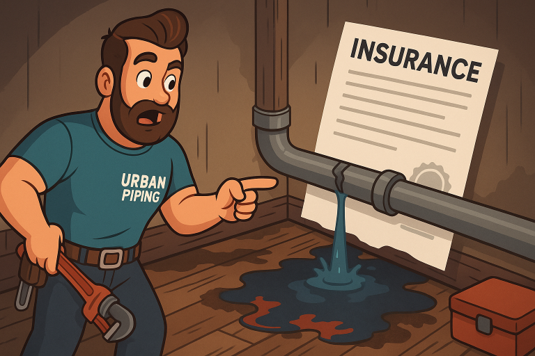 Understanding Poly B Damage Patterns in Calgary Homes 1 Urban Piping technician pointing at leaking poly b pipe causing water damage on wood floor with insurance paperwork in background