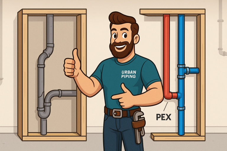 Understanding Poly B Damage Patterns in Calgary Homes 2 illustration of a smiling plumber in an urban piping shirt giving a thumbs up with poly b and pex plumbing systems displayed side by side inside wall frames