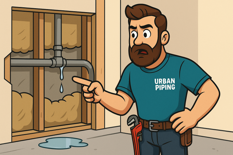 Cartoon plumber in Urban Piping shirt pointing at a leaking Poly B pipe inside a wall with visible water damage and a puddle on the floor