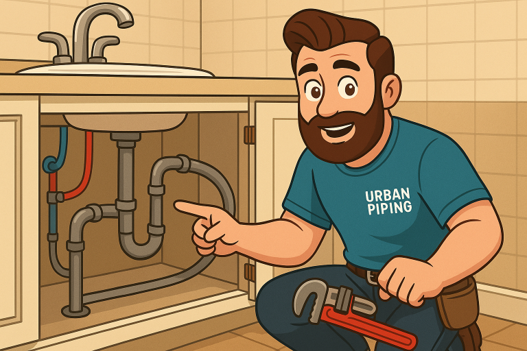 A professional plumber in an Urban Piping shirt inspects poly b pipes under a bathroom sink, holding a pipe wrench and pointing to the plumbing setup