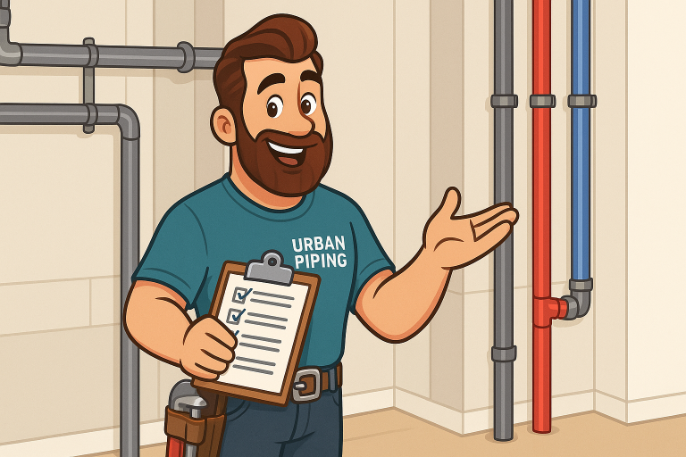 Cartoon plumber wearing Urban Piping shirt holds inspection checklist beside exposed Poly B, red and blue plumbing pipes in residential utility room setting