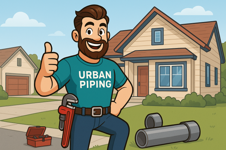Animated plumber wearing Urban Piping shirt giving thumbs up in front of residential house with plumbing pipes and toolbox on lawn, representing Poly B inspection services in Calgary, Edmonton, and Vancouver