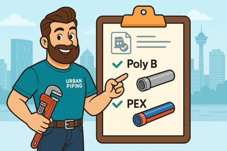Cartoon plumber in Urban Piping shirt holding a wrench next to a clipboard showing Poly B and PEX pipes, with a cityscape of Calgary, Edmonton, or Vancouver in the background