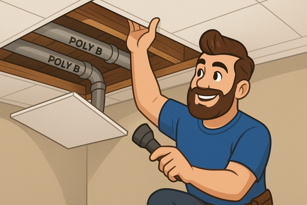 Cartoon plumber inspecting exposed Poly B pipes above a ceiling tile using a flashlight, showcasing professional pipe maintenance in a modern home setting.