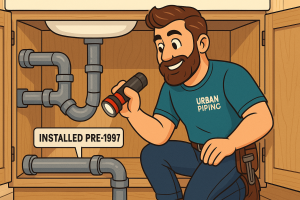 Urban Piping professional inspecting gray poly b pipes under a kitchen sink labeled installed pre-1997 inside a wooden cabinet