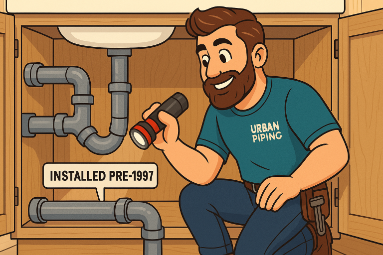 Urban Piping professional inspecting gray poly b pipes under a kitchen sink labeled installed pre-1997 inside a wooden cabinet