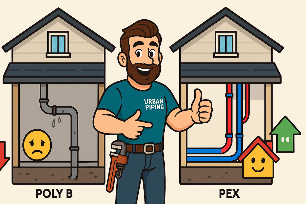 Cartoon illustration comparing Poly B pipe problems with leaking pipes and sad face in one house to PEX pipe upgrades with happy face and successful plumber in another house, highlighting Urban Piping’s expertise