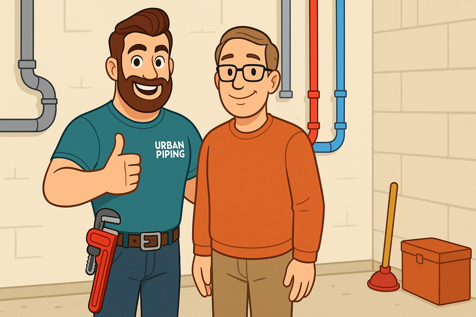 Cartoon plumber from Urban Piping giving a thumbs up beside a satisfied homeowner in a utility room with visible poly b water pipes