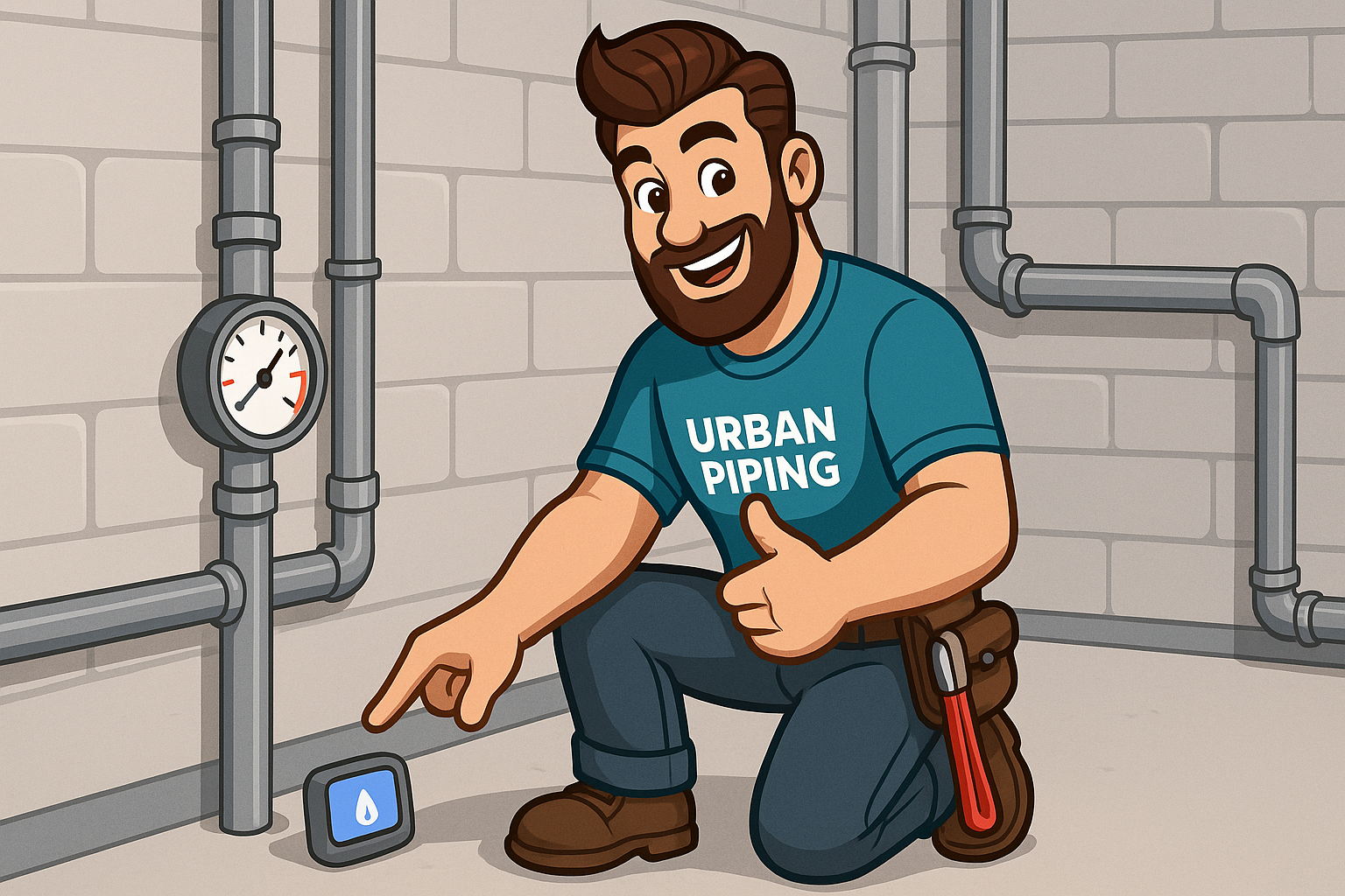 Cartoon plumber in an Urban Piping shirt checking poly b pipes and monitoring water pressure in a utility room, demonstrating pipe maintenance in a Calgary, Edmonton, or Vancouver home.