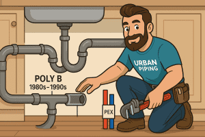 Illustration of a plumber from Urban Piping examining Poly B pipes under a sink, highlighting risks and showing PEX pipes as a replacement option, with visual notes on Poly B usage from the 1980s to 1990s.
