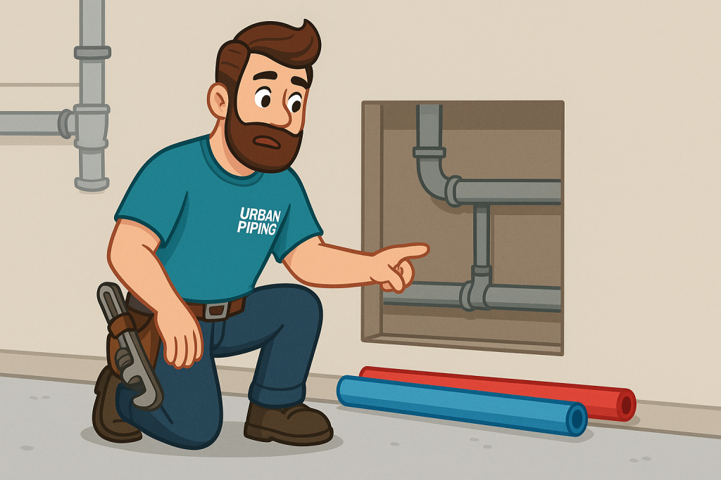 Illustration of an Urban Piping technician inspecting exposed Poly B pipes in a wall with blue and red plastic pipes on the floor, highlighting potential plumbing risks in Calgary, Edmonton, and Vancouver homes.