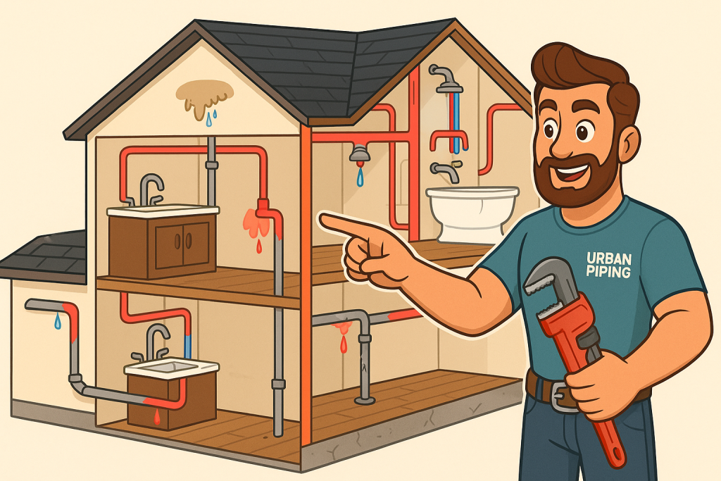 Poly B Replacement 44 Cartoon of a plumber pointing at a cutaway house showing leaking poly b pipes causing water damage in bathrooms and kitchens, highlighting plumbing risks and ongoing pipe degradation.