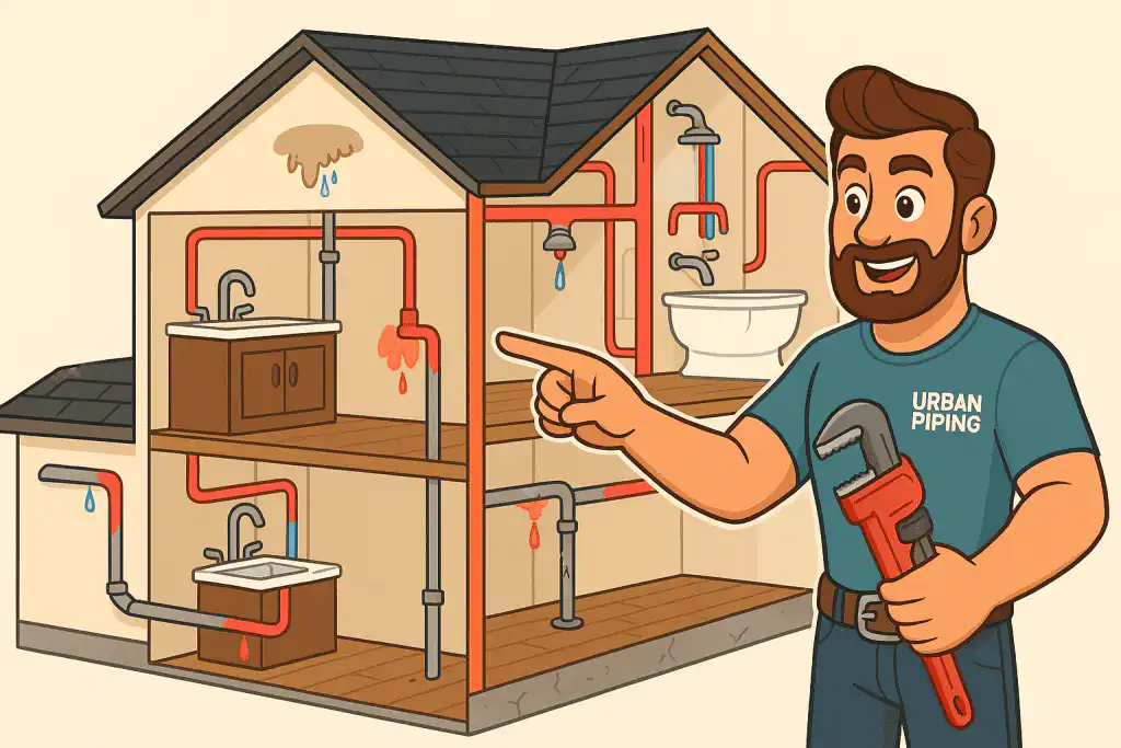 Cartoon of a plumber pointing at a cutaway house showing leaking poly b pipes causing water damage in bathrooms and kitchens, highlighting plumbing risks and ongoing pipe degradation.