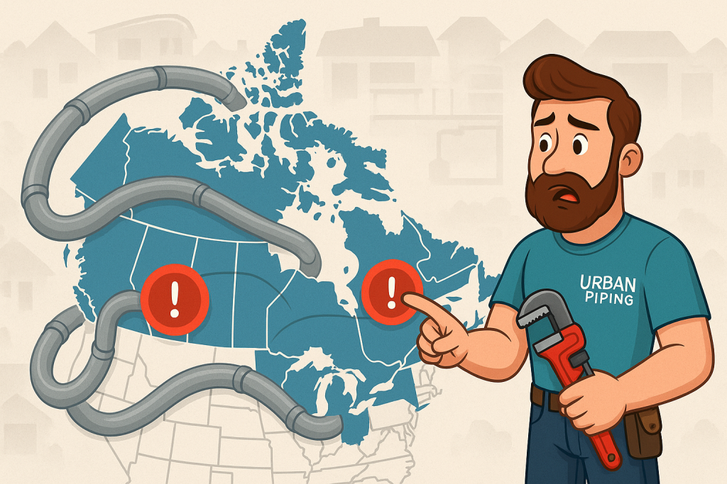 Illustration of a concerned plumber from Urban Piping holding a wrench, pointing at Poly B plumbing risk hotspots marked by exclamation icons on a map of Western Canada including Calgary, Edmonton, and Vancouver.