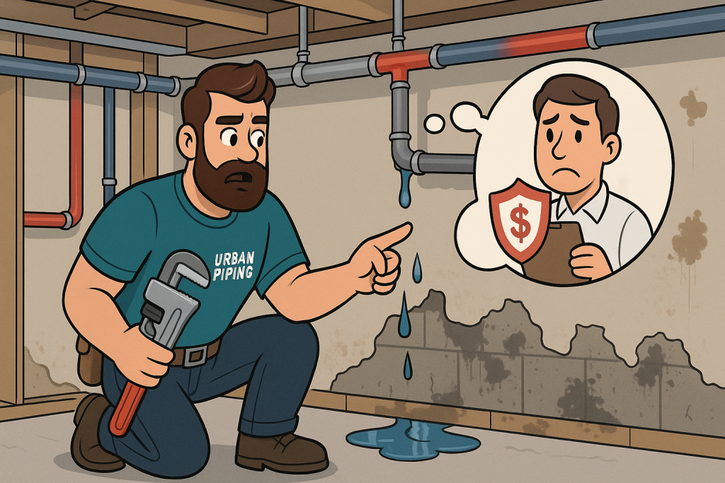 Cartoon plumber wearing Urban Piping shirt points at a leaking Poly B pipe in a basement, with water dripping onto a stained wall and a thought bubble showing a worried insurance agent holding a clipboard.