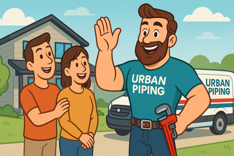 Urban Piping technician greeting a smiling couple in front of their home with a service van nearby, representing reliable Poly B replacement companies in Calgary, Edmonton, and Vancouver