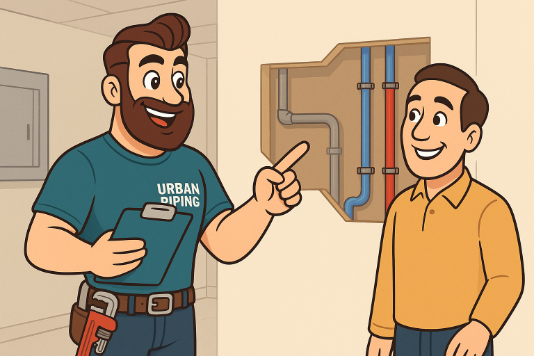 Cartoon plumber from Urban Piping discussing poly B pipe replacement with a smiling homeowner in front of exposed plumbing lines, representing professional poly b replacement services in Calgary, Edmonton, and Vancouver.