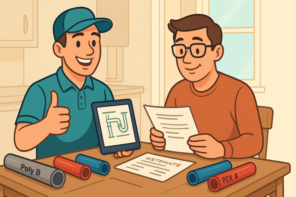 Plumber and homeowner reviewing a poly B replacement estimate with labeled piping samples and a plumbing diagram in a kitchen setting