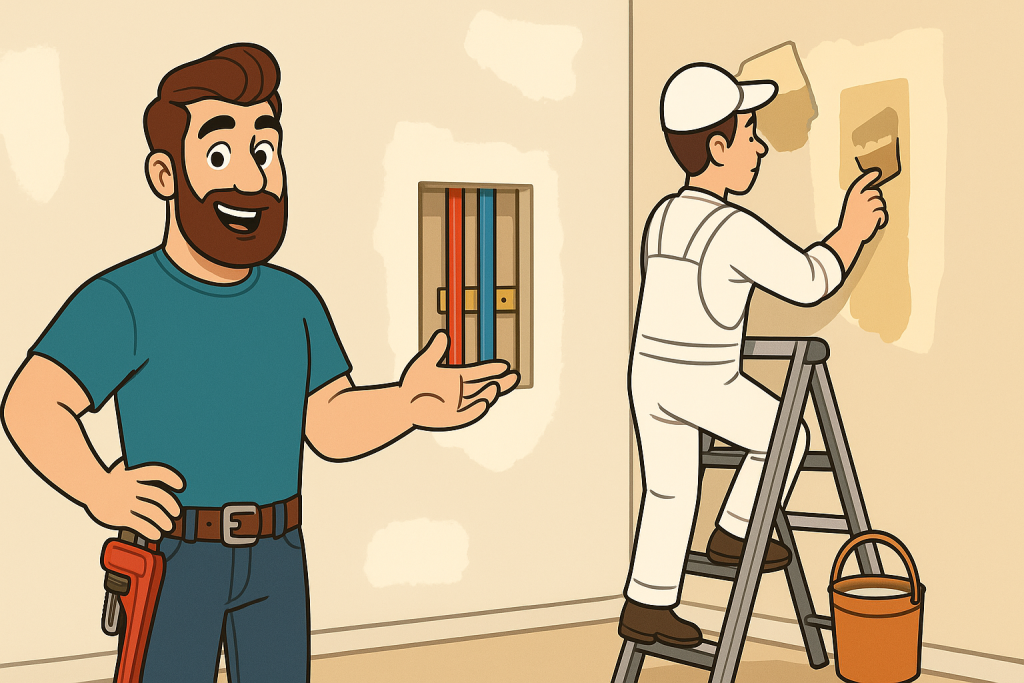 Illustration of a plumber explaining poly b pipe replacement costs while a contractor patches drywall in a home, highlighting how home size affects pricing in Calgary, Edmonton, and Vancouver.