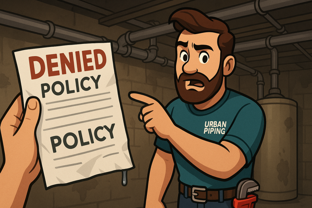 Animated plumber in Urban Piping shirt points to a denied insurance policy in a basement with poly b pipes visible overhead, suggesting issues with poly b plumbing in Calgary Edmonton or Vancouver area homes.
