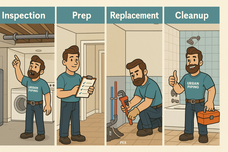 Illustration of Urban Piping technician performing poly b replacement process in four steps: inspection, prep, replacement with new piping, and cleanup in a residential setting