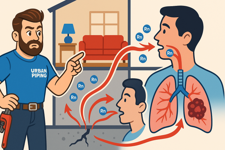 Cartoon showing Urban Piping technician explaining radon gas seeping through basement cracks into a Calgary home, being inhaled by a resident, and affecting their lungs