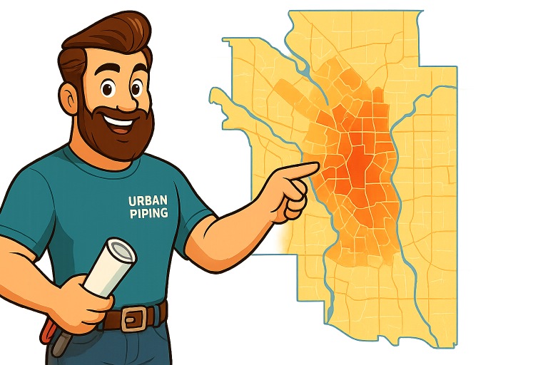 Cartoon plumber in Urban Piping uniform points at a Calgary map highlighting radon gas risk zones in red and orange shades