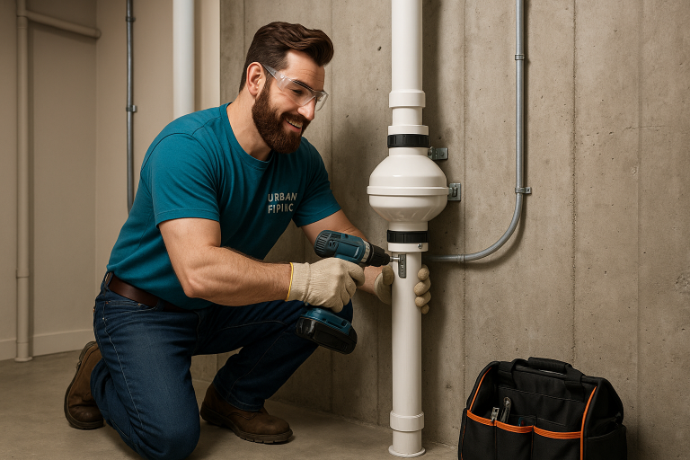 Technician from Urban Piping installing a radon mitigation system on a basement wall in Calgary using professional tools