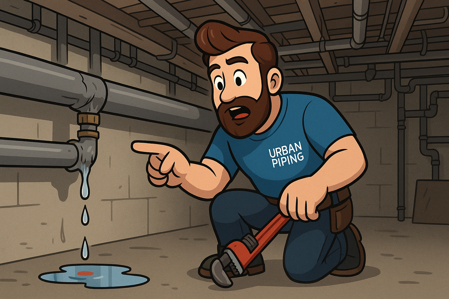 Cartoon plumber with Urban Piping shirt kneeling in basement, inspecting a leaking poly b pipe with water dripping onto the floor, holding a pipe wrench.