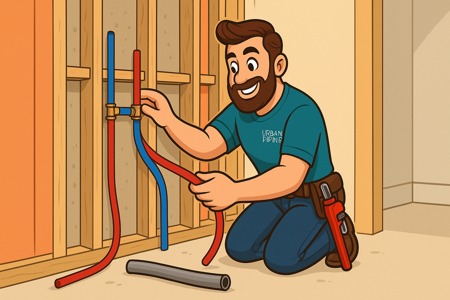 Plumber from Urban Piping kneeling and installing blue and red PEX pipes to replace Poly B piping in an unfinished residential wall