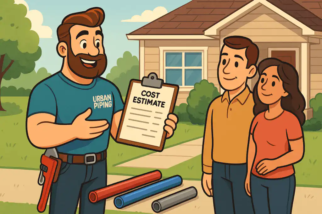 Smiling Urban Piping plumber showing a cost estimate clipboard to homeowners outside a house with poly b and pex pipes displayed on the lawn in Calgary Edmonton or Vancouver