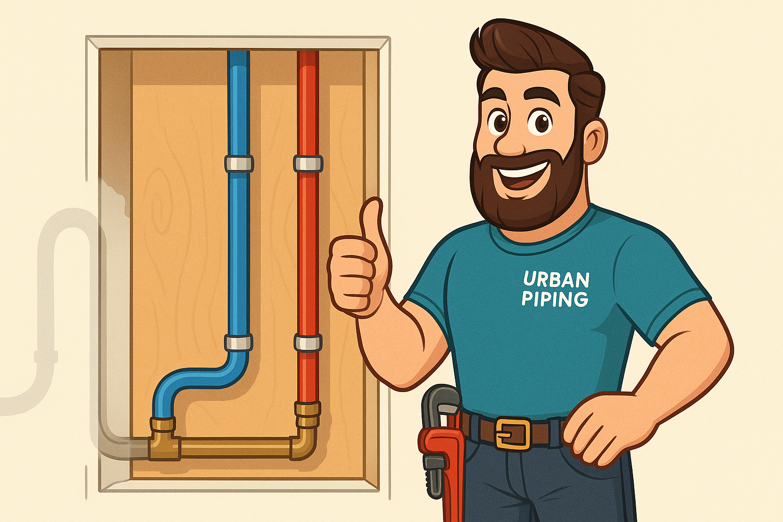 Cartoon plumber wearing Urban Piping shirt gives thumbs up next to exposed water pipes showing blue PEX and red PEX installed in a wall section