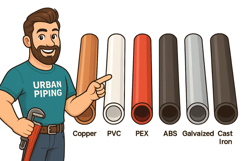 Illustration of a smiling plumber in an Urban Piping shirt holding a wrench and pointing to six types of plumbing pipes labeled copper, PVC, PEX, ABS, galvanized, and cast iron