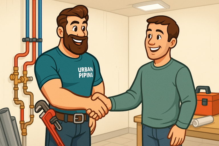 Plumber in Urban Piping shirt shaking hands with homeowner beside exposed plumbing pipes and tools in a basement setting