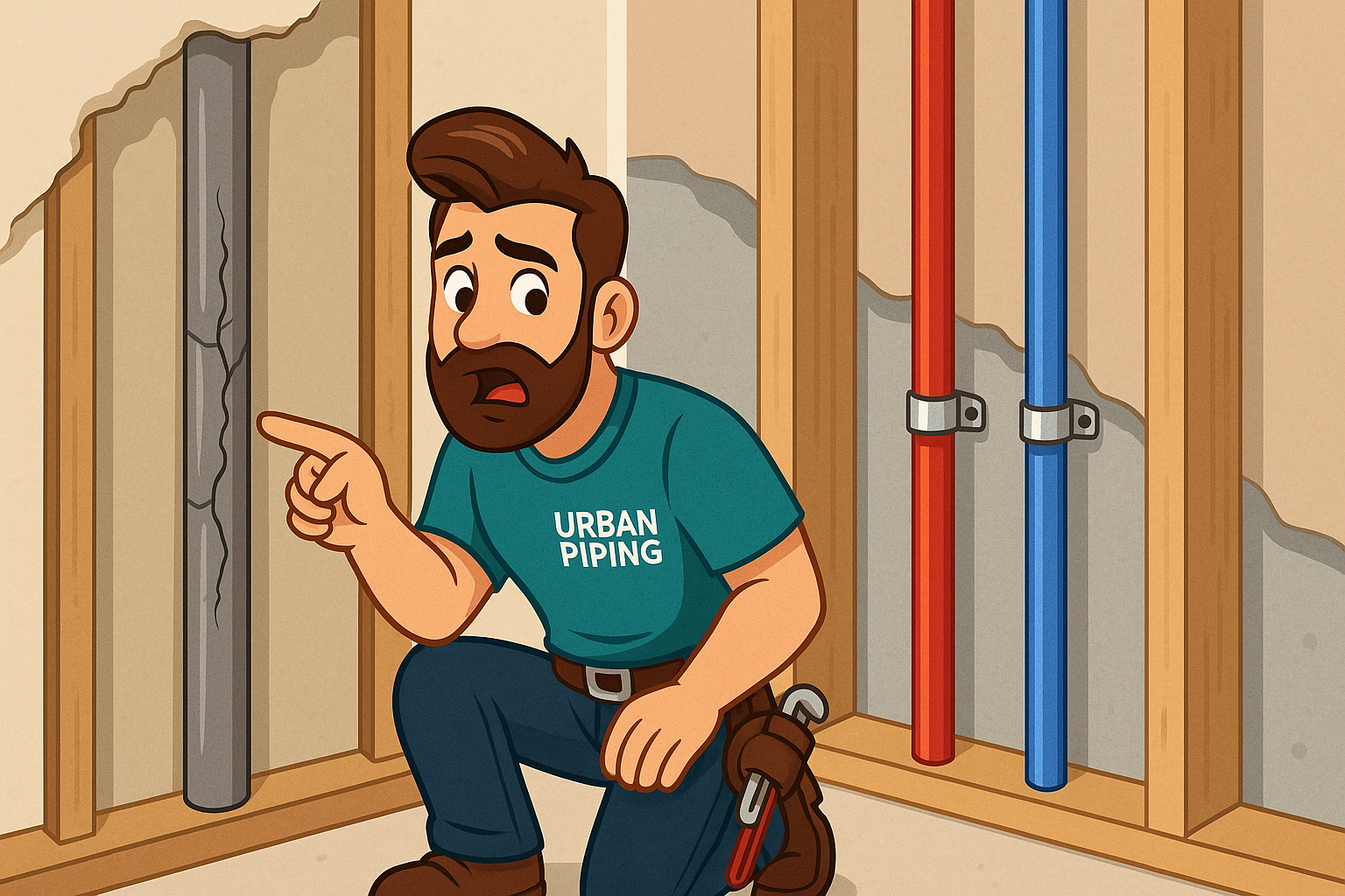 Cartoon plumber wearing Urban Piping shirt kneeling and pointing at a cracked poly b pipe in a wall next to modern red and blue pipes, highlighting pipe maintenance issues.