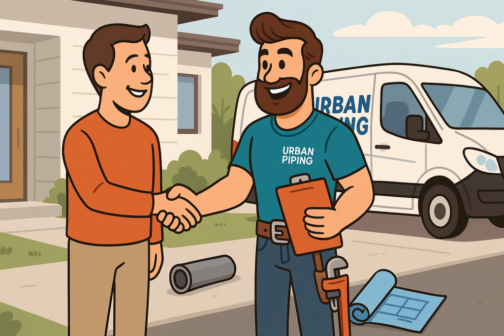 Urban Piping technician shaking hands with a homeowner in front of a suburban house, with a company van, piping materials, and blueprints visible, representing a Poly B replacement pricing consultation in Calgary, Edmonton, or Vancouver.